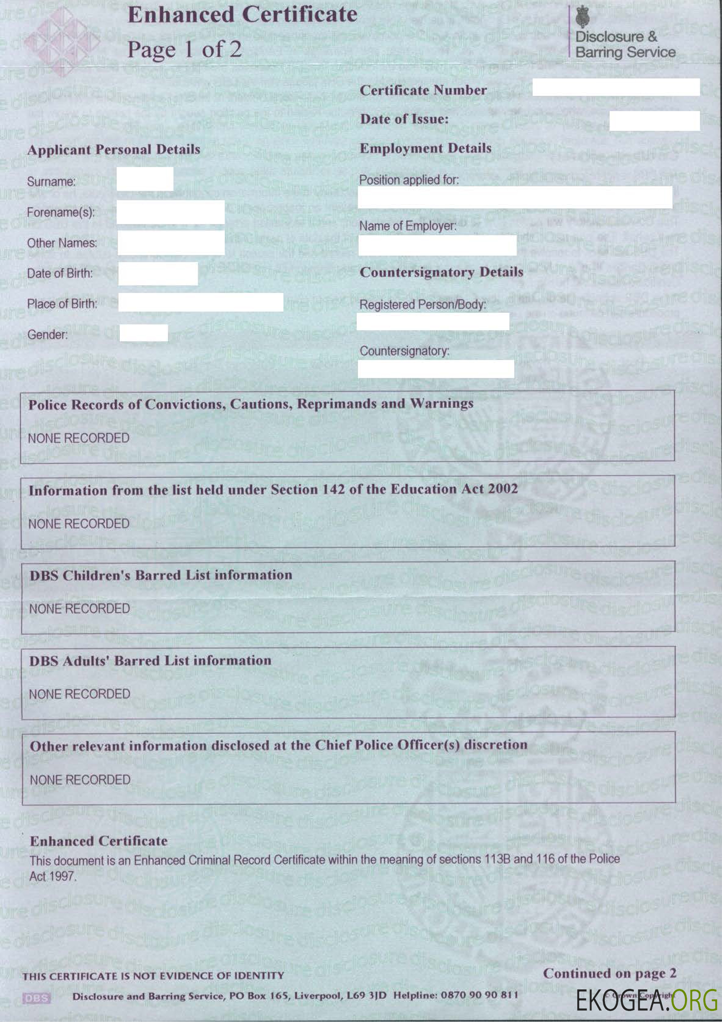 Certificat du Service de divulgation et d'interdiction du Royaume Uni (DBS)